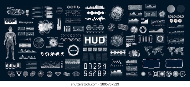 Large and detailed HUD, UI, GUI set elements for VR and web design. Futuristic User Interface Collection (HUD circle, graphic, 3d body model, world map, infographic and charts) Sci-fi elements. Vector