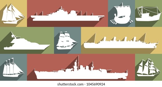 Large and detailed icon set of different ships