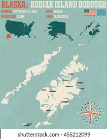 Large and detailed infographic of the Kodiac Island Borough in Alaska