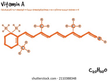 Large and detailed isolated drawn molecule and formular of Vitamin A.
