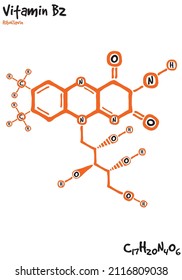 Large and detailed isolated drawn molecule and formular of Riboflavin.