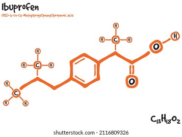 Large and detailed isolated drawn molecule and formular of Ibuprofen.