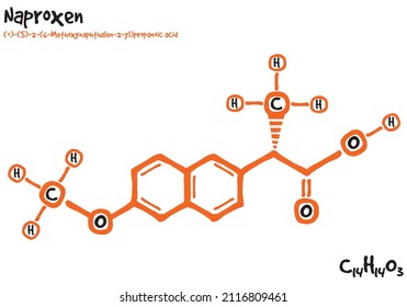 Large and detailed isolated drawn molecule and formular of Naproxen.