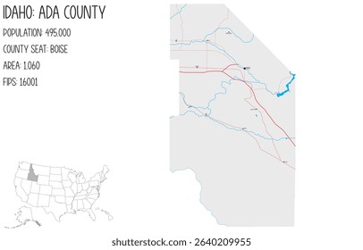 Large and detailed map of Ada County in Idaho, USA.