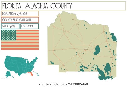 Mapa Grande y detallado del Condado de Alachua en Florida USA.