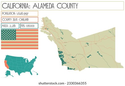 Large and detailed map of Alameda County in California, USA.