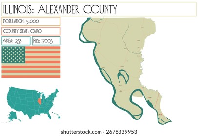 Large and detailed map of Alexander County in Illinois USA.