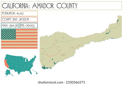 Large and detailed map of Amador County in California, USA.