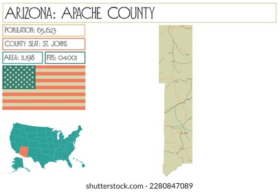 Large and detailed map of Apache County in Arizona, USA.