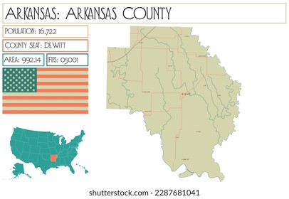 Large and detailed map of Arkansas County in Arkansas, USA.