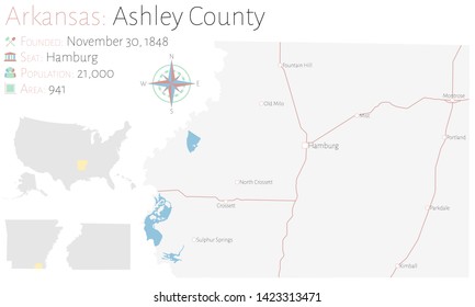 Large and detailed map of Ashley county in Arkansas, USA.