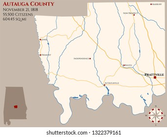 Large and detailed map of Autauga county in Alabama, USA