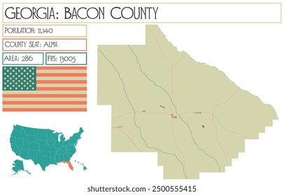 Large and detailed map of Bacon County in Georgia USA.