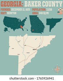 Large and detailed map of Baker county in Georgia, USA.