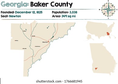 Large and detailed map of Baker county in Georgia, USA.
