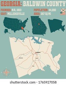 Large and detailed map of Baldwin county in Georgia, USA.