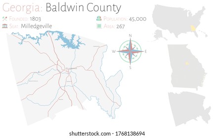 Large and detailed map of Baldwin county in Georgia, USA.