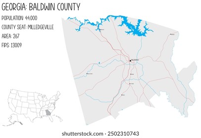 Large and detailed map of Baldwin County in Georgia, USA.