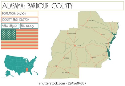 Mapa grande y detallado del condado de Barbour en Alabama, EEUU.