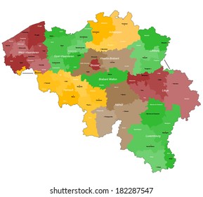 A large, detailed map of Belgium with all districts and main cities.