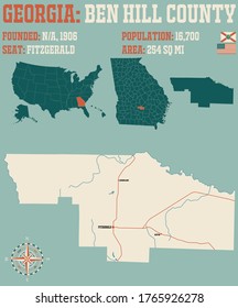 Mapa grande y detallado del condado de Ben Hill en Georgia, EEUU.