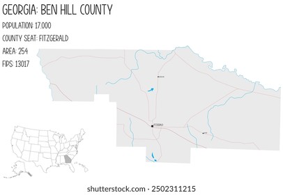 Large and detailed map of Ben Hill County in Georgia, USA.