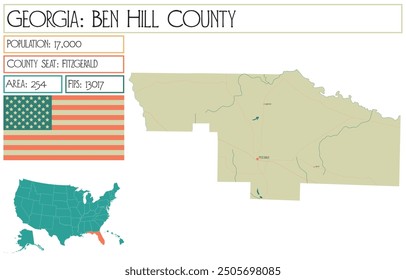 Large and detailed map of Ben Hill County in Georgia USA.