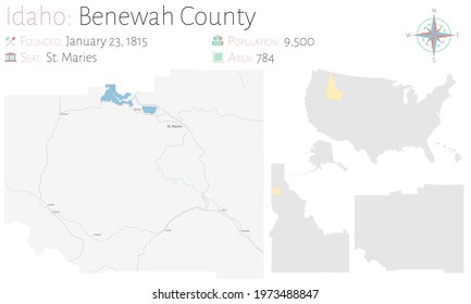 Large and detailed map of Benewah county in Idaho, USA.