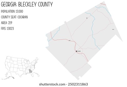 Large and detailed map of Bleckley County in Georgia, USA.