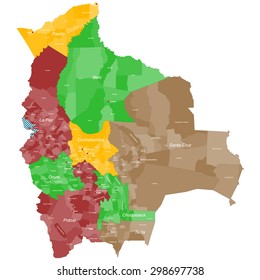 A large and detailed map of Bolivia with all departments, provinces and main cities.