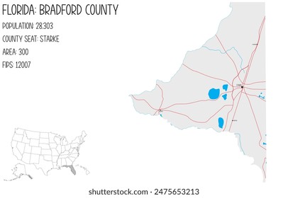 Large and detailed map of Bradford County in Florida, USA.