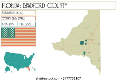 Large and detailed map of Bradford County in Florida USA.