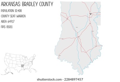 Large and detailed map of Bradley County in Arkansas, USA.