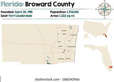 Large and detailed map of Broward county in Florida, USA.