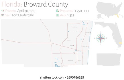 Large and detailed map of Broward county in Florida, USA.