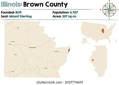 Large And Detailed Map Of Brown County In Illinois, USA.