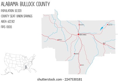 Large and detailed map of Bullock county in Alabama, USA.