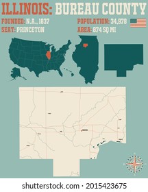 Large And Detailed Map Of Bureau County In Illinois, USA.