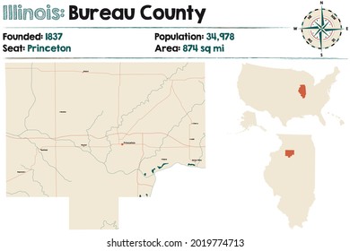 Large And Detailed Map Of Bureau County In Illinois, USA.