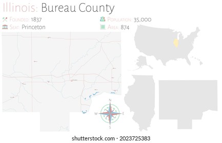 Large And Detailed Map Of Bureau County In Illinois, USA.