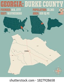 Large and detailed map of Burke county in Georgia, USA.