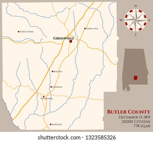Large and detailed map of Butler county in Alabama, USA.