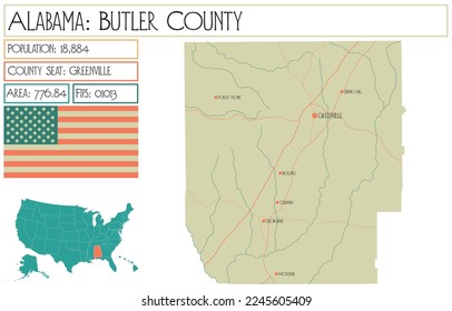 Large and detailed map of Butler county in Alabama, USA.