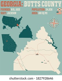 Large And Detailed Map Of Butts County In Georgia, USA.