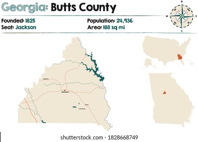 Large And Detailed Map Of Butts County In Georgia, USA.