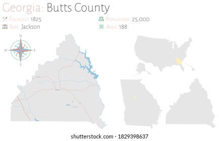 Large And Detailed Map Of Butts County In Georgia, USA.