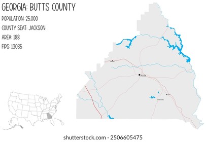 Large and detailed map of Butts County in Georgia, USA.