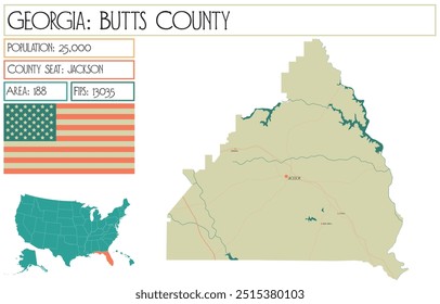 Large and detailed map of Butts County in Georgia USA.