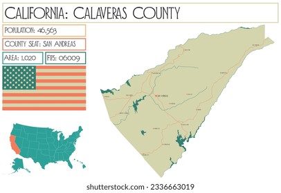 Large and detailed map of Calaveras County in California, USA.