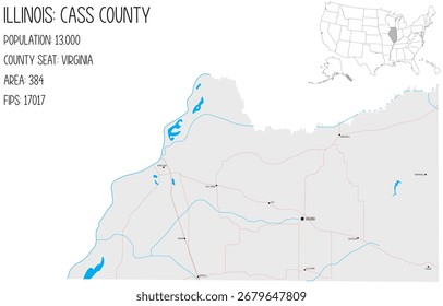 Large and detailed map of Cass County in Illinois, USA.